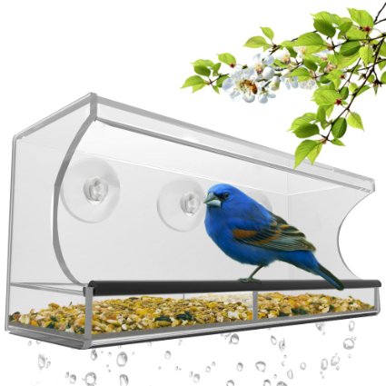 Large Window Bird Feeder - Clear Removable Tray Drain Holes and Beautiful Packaging Enjoy Wild Birds Up Close From Inside Your House Best Gift For Bird Lovers Kids and Pets 3 Heavy Duty Suction Cups