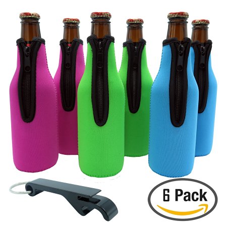 Beer Bottle Sleeves - Premium Set of 6 (Retro) Bottle Sleeves - Extra Thick Neoprene with Stitched Fabric Edges with Bonus Bottle Opener