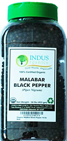Indus Organics Malabar Black Peppercorns, 1 Lb Jar, Premium Grade, High Purity, Freshly Packed