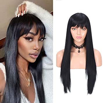 fani Straight Hair Wig with Bangs 22 inch Fashion Black Synthetic Middle Part Wig for women Natural Looking Long Hair Wigs Daily Party Use, with Free Wig Cap (Black)