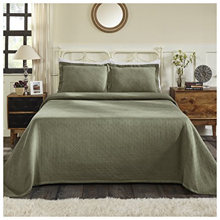 Superior 100% Cotton Basket Weave Bedspread with Sham, All-Season Premium Cotton Matelassé Jacquard Bedding, Quilted-look Geometric Basket Pattern - Twin, Sage