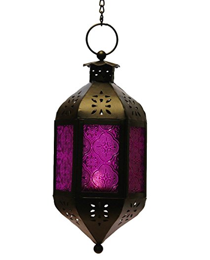 Purple Glass Hanging Moroccan Candle Lantern with Chain