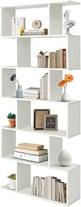 Giantex Geometric Bookcase White, S-shaped Wooden Bookshelf, 6-Tier Modern Freestanding Decorative Storage Display Shelves for Bedroom, Living Room