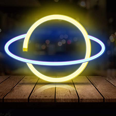 Neon Light LED Planet Neon Signs, Planet Shaped Neon Sign Wall Decor USB/Battery Night Light for Bedroom Wedding Party Bar Pub Hotel Kids Boys Girls Room Neon Wall Signs Decoration (Blue and white)