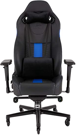 Corsair T2 Road Warrior, Faux Leather Gaming Office Chair, Easy Assembly, Ergonomic Swivel, Adjustable Height and 4D Armrests, Comfortable Wide Seat with High Recliner, Black/Blue