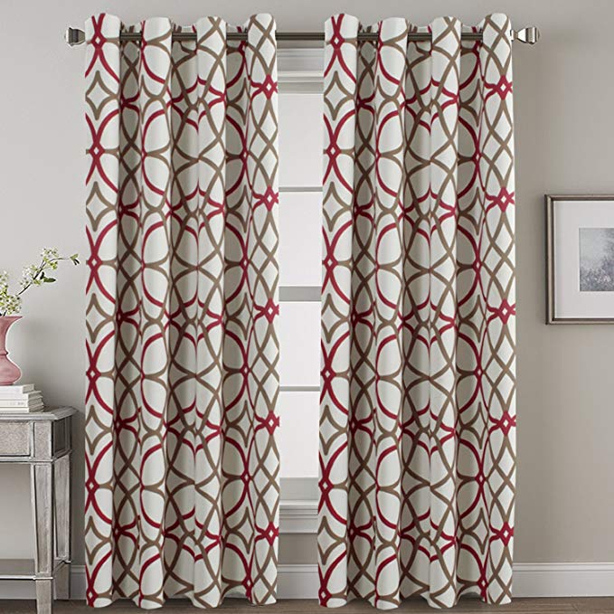 H.VERSAILTEX Thermal Insulated Blackout Window Room Grommet Indoor Curtains-52 inch Width by 96 inch Length-Set of 2 Panels-Taupe and Red Geo Pattern