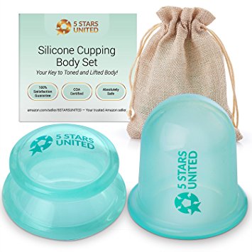 Anti-Cellulite Cupping Therapy Massage Set - Silicone Vacuum Body Detox System. Treats Stretch Marks, Muscle and Joint Pain, Tones Your Skin. 2 Cups