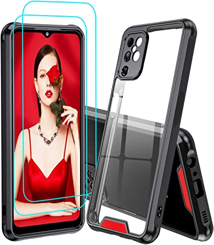 LeYi for Samsung Galaxy A12 Case and 2 Tempered Glass Screen Protector,Crystal Clear Shockproof Tough Heavy Duty Protective Thin Bumper Silicone Stylish Hard Phone Cover for Samsung A12 Black & Red