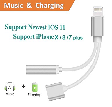 2 in 1 Lightning Adapter and Charger, Lightning to 3.5mm Aux Headphone Jack Audio Adapter for iphone X/8/8 plus/7/7 plus (Compatible with iOS 10.3, iOS11 or Later)(Silver)