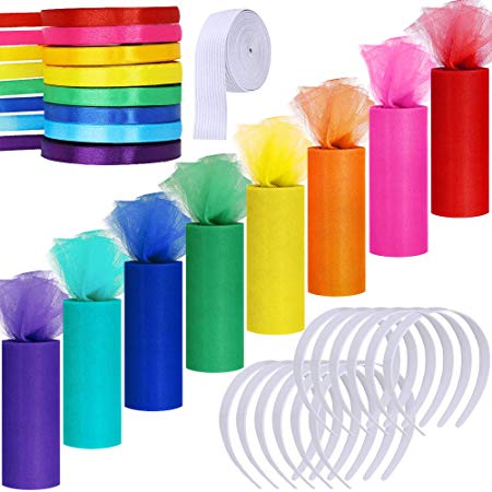 Supla 8 Colors Rainbow Tulle Rolls Tulle Netting Fabric Spool in 6" Wide 25 Yard/roll and 8 Colors Satin Roll Satin Ribbons in 2/5 Wide 25 Yard/roll and 12 Plain No Teeth Plastic Headbands 1" Craft