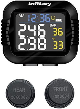 Motorcycle TPMS Tire Pressure Monitoring System Accurate to Two Decimal Places Large Screen Time Display Wireless Two-Wheeled Tires Motor Auto Tyre Alarm System Waterproof 2 External Sensors