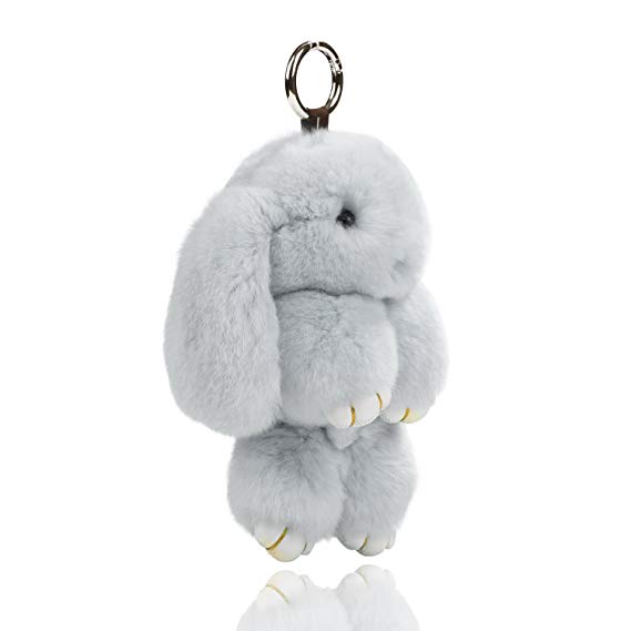 USATDD Easter Bunny Doll Keychain Soft Cute Rex Rabbit Fur Pom Pom Fluffy Plush Pendant Key chain Car Handbag Keyring Womens Gril Charms 7" (Grey)