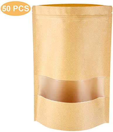 Stand Up Pouch Bags, 50 Pack Kraft Pouch with Tear Notch and Matte Window, Heat sealable Zip Lock Food Storage Bag (5.5" X 7.9")