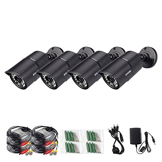 ZOSI 4PCS 1/3 Color CMOS 960H 1000TVL Wide Angle 3.6mm lens Outdoor/Indoor IR Security Surveillance CCTV Bullet Cameras Kit with 65ft Cables - Aluminum Casing,100ft 30m night vision,IP67 Weatherproof grade