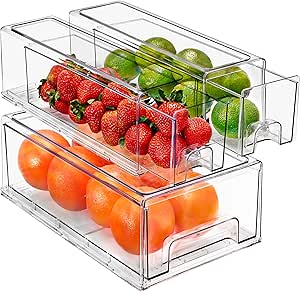 Sorbus Fridge Drawers - Clear Stackable Pull Out Refrigerator Organizer Bins - Food Storage Containers for Kitchen, Freezer, Vanity & Fridge (3 Pack | 1 Medium, 2 Small Stackable Drawer Bins)