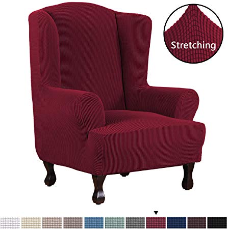 1 Piece Super Stretch Stylish Furniture Cover/Wingback Chair Cover Slipcover Spandex Jacquard Checked Pattern, Super Soft Slipcover Machine Washable/Skid Resistance (Wing Chair, Burgundy Red)