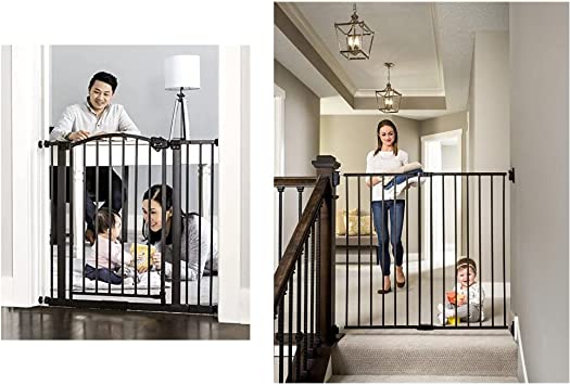 Regalo Easy Step Arched Decor Safety Gate, Bronze, Extra Wide (0370 BR DS) & 2-in-1 Extra Tall Easy Swing Stairway and Hallway Walk Through Baby Gate, Black