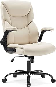 Office Chair - Ergonomic Executive Computer Desk Chairs with Adjustable Flip-up Armrest, Swivel Task Chair with Lumbar Support, Strong Metal Base, PU Leather, White