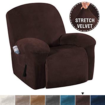 H.VERSAILTEX Stretch Recliner Covers with Pockets 1-Piece Recliner Chair Slipcovers Furniture Cover for Recliner Couch Cover Velvet Plush Slipcover Anti-Slip Slipcover Highly Fitness(Recliner, Brown)