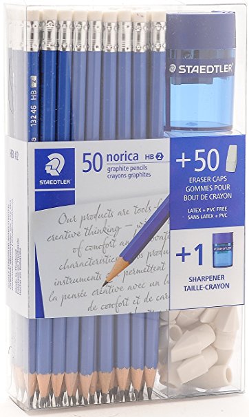 Staedtler Norica #2 HB Woodcased Pencils Blue 50 Pencils 50 Arrow Tip Erasers and 1 Elite Sharpener