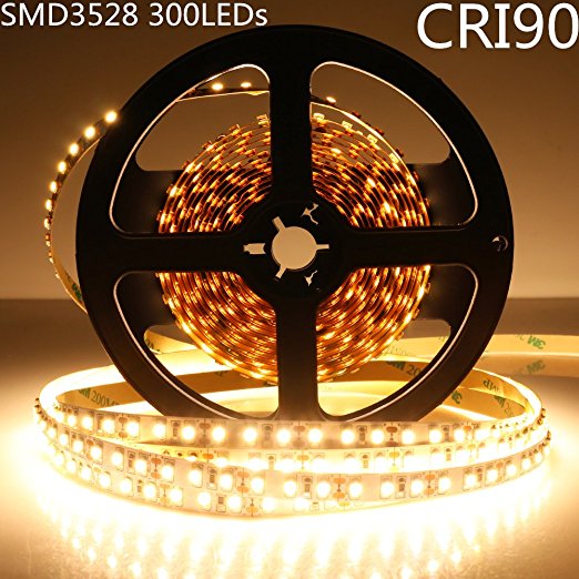 LightingWill LED Strip Kit CRI90 SMD3528 16.4Ft(5M) 300LEDs Warm White 3000K-3500K 60LEDs/M DC12V 24W 4.8W/M 8mm White PCB Flexible Ribbon Strip with Adhesive Tape Non-Waterproof H3528WW300N