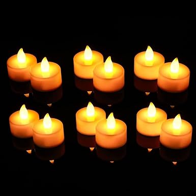 Plastic Flameless & Smokeless Led Tealight Yellow Diya Candles Set of 12 Battery Operated Flickering Led Lights Diya Electric Tea Candles for Diwali Christmas New Year Festival Home Decorationb…