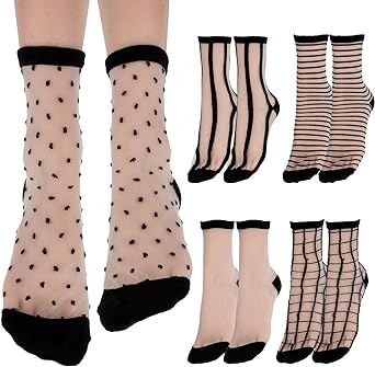 Lusofie 5 Pairs Sheer Socks Black See Through Socks Checkered Dot Striped Plaid Ankle Summer Socks for Women Thin Fashion