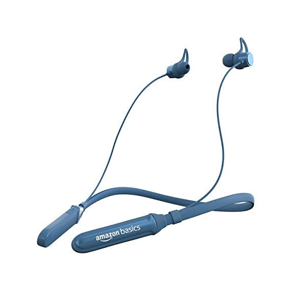 AmazonBasics in-Ear Bluetooth 5.0 Neckband with Up to 30 Hours Playtime, with Mic, Magnetic Earbuds, Voice Assistant, Dual Pairing and IPX6 Rated, Blue