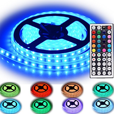 Rxment Led Strip Lighting 5M 16.4 Ft 5050 RGB 300LEDs IP67 Water-resistant Rating Flexible Color Changing Complete Kits with 44 Keys IR Remote Controller , Control Box ,12V 5A Power Supply