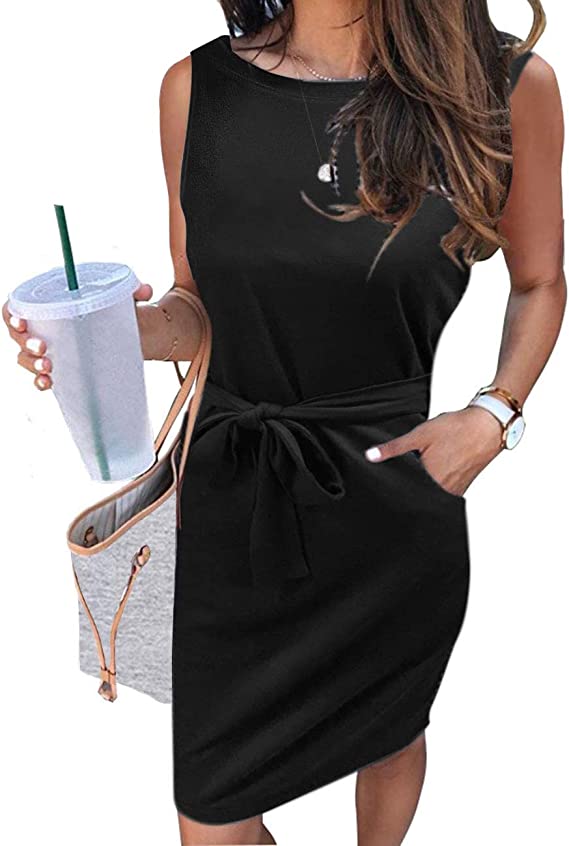 MEROKEETY Womens Summer Sleeveless Striped T Shirt Dress Casual Crew Neck Tie Waist Mini Dresses