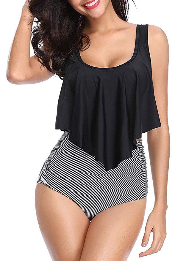 Fancyskin Womens High Waisted Swimsuit Ruffled Top Tummy Control Bathing Suits