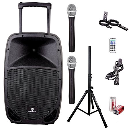 PRORECK FREEDOM 15 Portable 15-Inch 800 Watt 2-Way Rechargeable Powered Dj/PA Speaker System with Bluetooth/USB/SD Card Reader/ FM Radio/Remote Control/Wireless Microphones/Speaker Stand