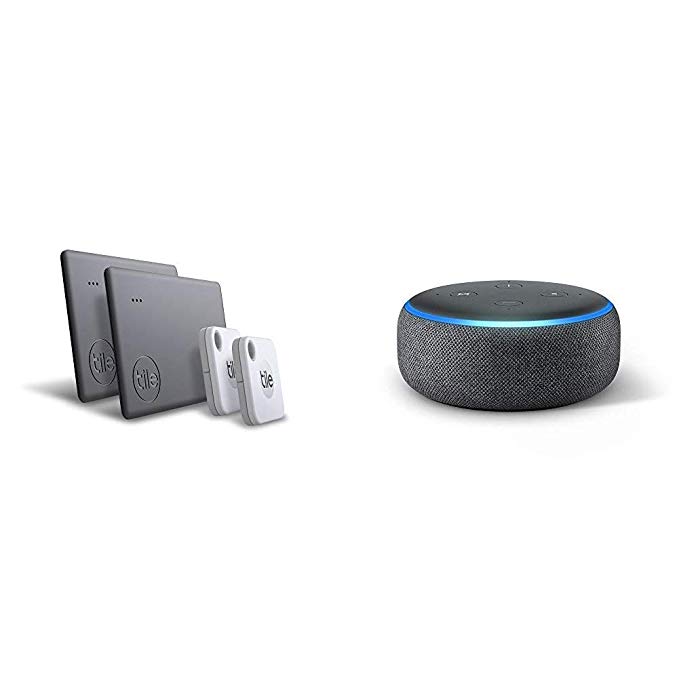 Tile Mate & Slim (2020) - 4-Pack (2 Mates, 2 Slims) Echo Dot (3rd Gen) with Amazon Smart Speaker with Alexa