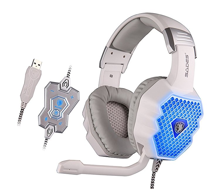 SADES Updated A70 USB 7.1 Virtual Surround Stereo Sound Gaming Headset with Mic/Over-ear/Multi-colors LED Light/Volume-control/Braided Cable/Noise Isolating for PC Gamers (White)