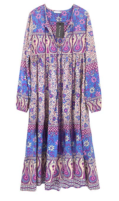 R.Vivimos Women's Long Sleeve Floral Print Retro V Neck Tassel Bohemian Midi Dresses