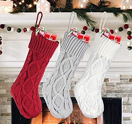 ilauke 3 Pack Knit Stockings Christmas - 18 inch Large Cable Stocking Christmas Decorations with a 4.7 inch Rope, White/Red/Grey, Perfect for Home Decorations