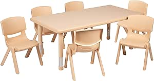 Flash Furniture Adjustable Classroom Activity Table with 6 Stackable Chairs, Rectangular Plastic Activity Table for Kids, 24" W x 48" L, Natural