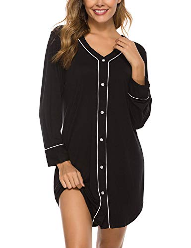 COLORFULLEAF Night Shirt Womens Button Down Long Sleeve Nightgown Sleep Shirts