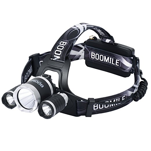 Boomile LED Headlamp, 4 Modes Waterproof Headlight, Super Bright Flashlight with Adjustable Headband, L2/R5 LED   Rechargeable Batteries   Micro USB Cable for Hiking, Running, Camping, Hunting