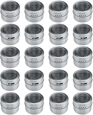Bekith 20 Pack Stainless Steel Magnetic Spice Tins，Multi-Purpose Storage Spice Containers, Clear Top Lid with Sift or Pour, Magnetic on Refrigerator and Grill