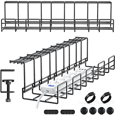 Yecaye Under Desk Cable Management Tray - Removable Clamps Install Under Desk Cord Organizer - No Glue No Drill Cord Management Rack - Durable & Sturdy Metal Cable Tray Basket for Office Home - 2 Pack