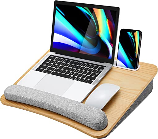 HUANUO Lap Laptop Desk - Portable Lap Desk with Pillow Cushion, Fits up to 15.6 inch Laptop, with Anti-Slip Strip & Storage Function for Home Office Students Use as Computer Laptop Stand - Light Wood
