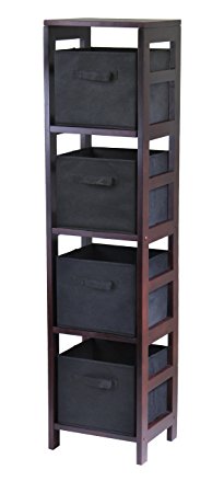 Winsome Wood Capri Wood 4 Section Storage Shelf with 4 Black Fabric Foldable Baskets