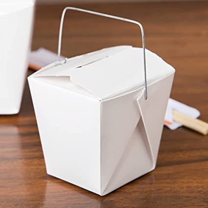 QQOUTLET White Chinese Asian Paper Take Out Box with Wire Handle, Leak and Grease Resistant Stackable to Go Boxes (25, 8 OZ)