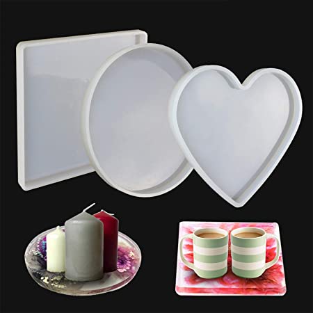 LET'S RESIN Large Resin Molds, 3 Pcs Large Resin Tray Molds including Round, Square, Heart Shape, Resin Silicone Molds for Casting Epoxy Resin