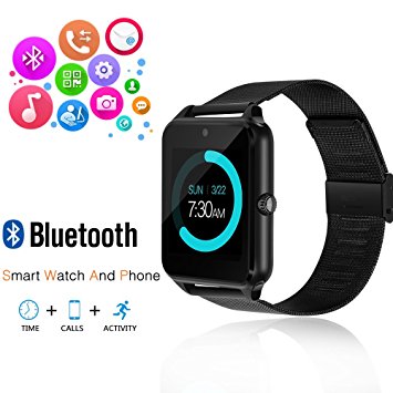 Smart Watch, GEEKERA Bluetooth Watch Wristwatch Phone with SIM Card Slot / Touch Screen / Camera for iPhone 6s/6 Plus/5s/5c/4 and Android Samsung Galaxy 6/5/4 Note 4/3/2 Sony HTC LG Huawei (Black)