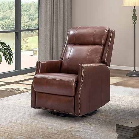 HULALA HOME Genuine Leather Swivel Rocker Recliner with Metal Base, Manual Glider Recliner Chair with Adjustable Backrest & Footrest, Modern Home Theater Lounge Sofa Armchair for Living Room, Brown