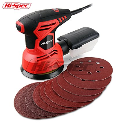 Hi-Spec Heavy Duty 2A 240W Random Orbital Disc Palm Sander with Dust Collector & 10pc Sanding Papers for Removing Paint, Varnish, Stains, Preparing Furniture, Polishing, Sanding Down & Finishing Wood