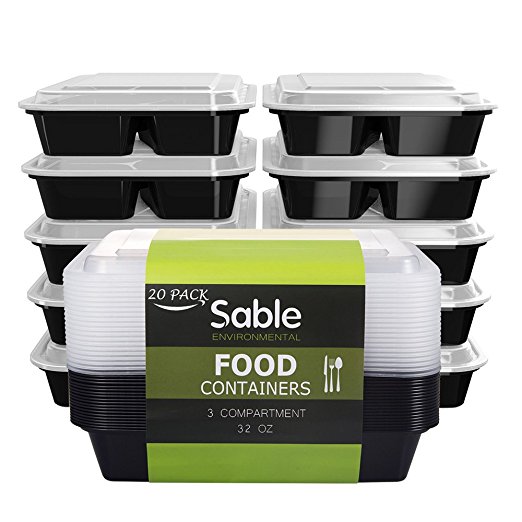 Food Containers 32 oz (20 Pack), Sable 3 Compartment Bento Meal Prep Reusable Cases (BPA-Free, Heat and Cold Resistant, Reusable Design, Stackable for Storage, FDA, SGS & LFGB Certified)