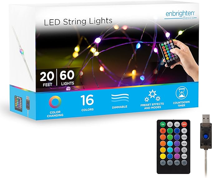 Enbrighten Basics LED String Lights, USB Powered, Color Changing, Fairy Lights with Remote, 16 Colors, 7 Seasonal Lighting Modes, Perfect for Bedroom, Living Room, Patio, Wedding and More, 70512-T1